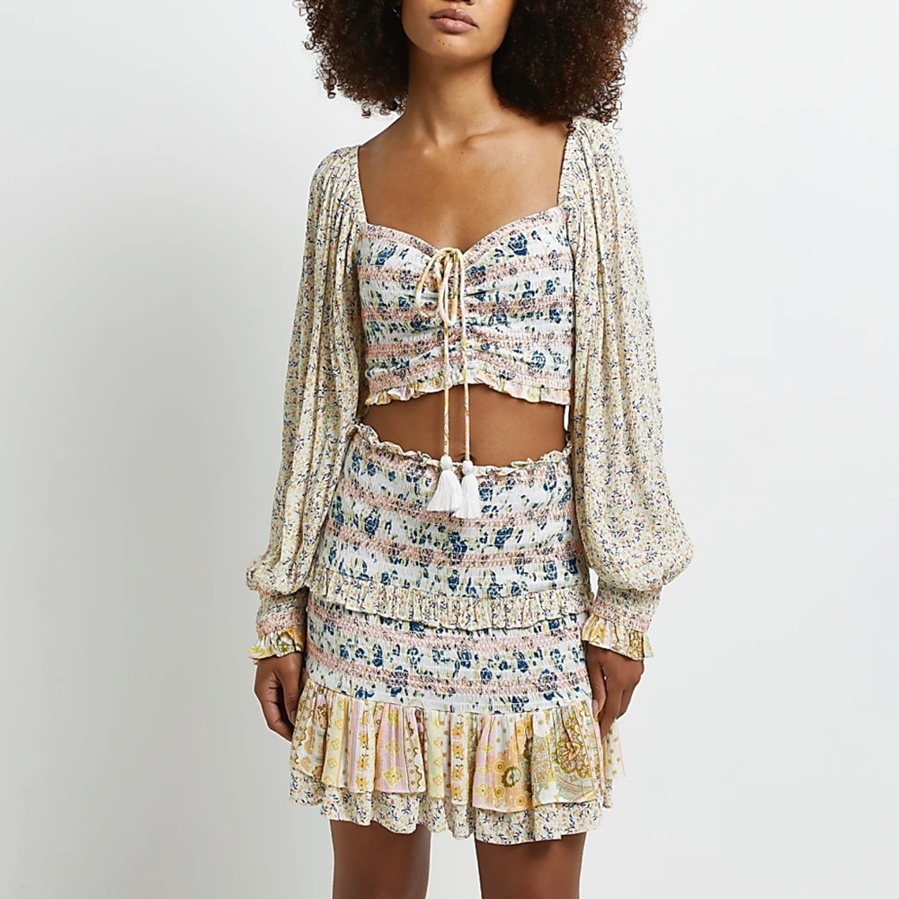 RIVER ISLAND BLUE FLORAL SHIRRED MINI SKIRT